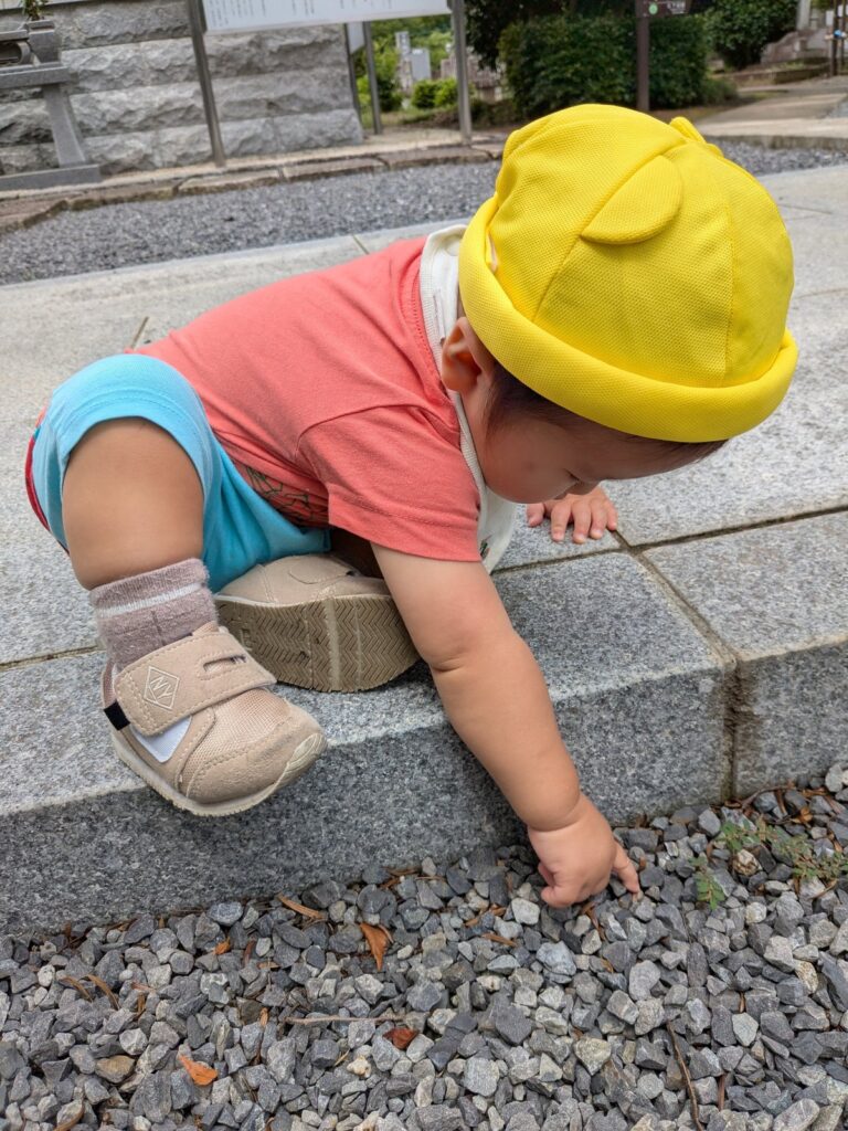 小さな手のひらに、境内の石をそっと(ひよこ組・0歳児クラス)